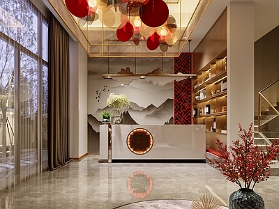 新中式美容院接待大厅 吧台 吊灯 花卉 花格 端景柜 沙发茶几组合3d