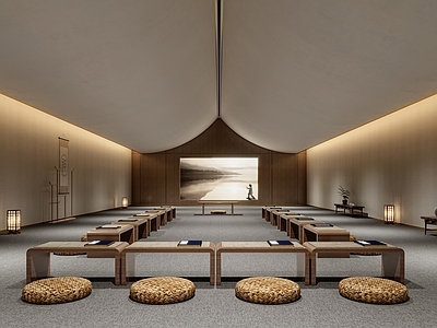 新中式禅修室 榻榻米 蒲团 落地灯 挂衣架 挂画 装饰摆台3d模型
