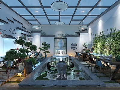 中式中餐厅 景观喷泉 迎客松盆景 休闲桌3d模型