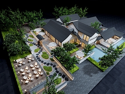 新中式民宿建筑外观3d模型