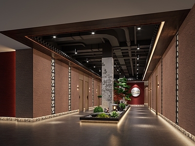 新中式餐厅过道 景观小品