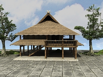 新中式木房子 毛草房3d模型