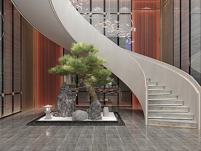 新中式旋转楼梯 景观小品 楼梯间背景墙 发光楼梯 楼梯间造景3d模型