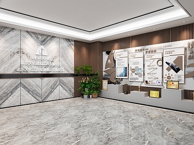 现代公司大堂 企业logo墙 企业文化墙 证书 奖杯 绿植3d模型
