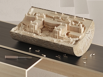 现代实木房屋雕刻摆件 木雕 锉刀3d模型