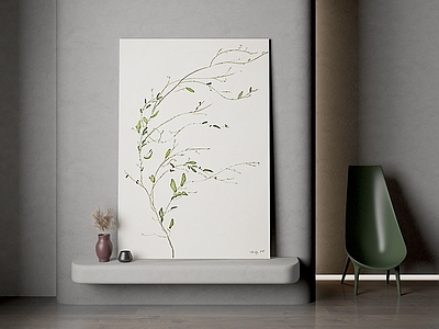 北欧手绘树枝写意装饰画3d模型