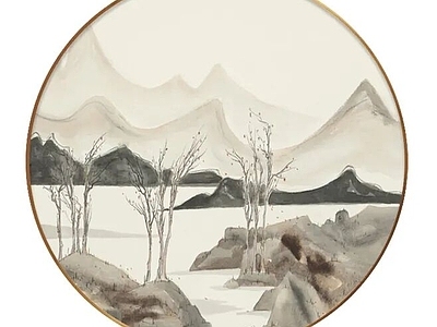 新中式圆形装饰画禅意山水画 中式水画