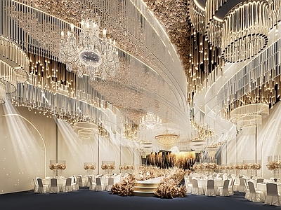 现代酒店宴会厅 花艺 水晶珠帘 水晶灯 婚礼舞台3d模型