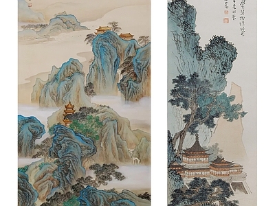 中式传统经典山石风景亭子楼阁挂画组合