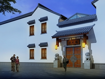 中式门头门面 仿古屋檐 石狮子3d模型