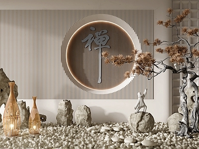 新中式景观小品 假山石头 室内景观 绿植 苔藓 禅意摆件 小景 枯枝3d