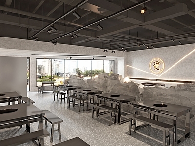 工业风火锅店 餐桌椅 冰柜 水泥墙