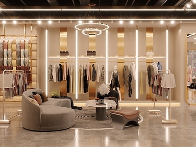 现代女装店 服装店模特 货架 衣架 服装 高低展台 挂衣架3d模型