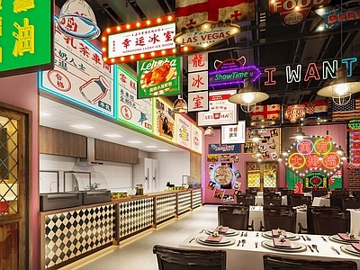 国潮复古风港式茶餐厅 大排档 收银台 小吃街3d模型