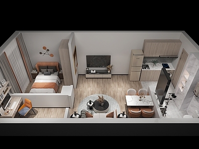 现代单身公寓 橱柜 淋浴 沙发 洗手台 电视柜 床 书桌椅 餐桌椅3d模型