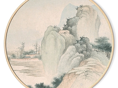 新中式山水圆形画框装饰画 中式水画