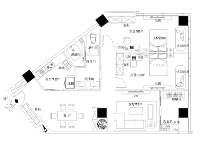 现代简约公寓酒店平面 施工图 两室一厅 平层