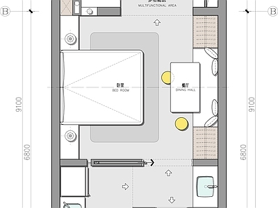 平层家装平面图 一室一厅 小户型 彩平图