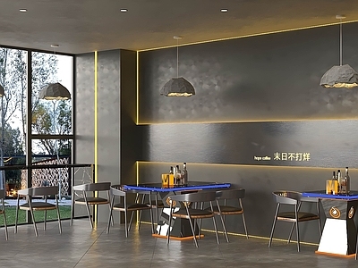 现代咖啡店 餐桌椅组合 咖啡工作台 吊灯
