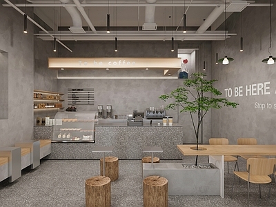 工业奶茶店 咖啡店 工作台 餐桌椅组合 绿植 吊灯 景观小品