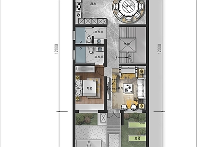 二层自建房室内平面图  四室两厅 二层别墅 彩平图