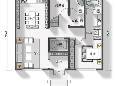 二层自建房室内平面图  四室两厅 二层别墅 彩平图