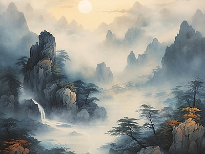 新中式山水禅意墙纸壁纸壁画背景 中式水壁画