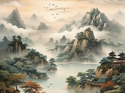 新中式山水禅意墙纸壁纸壁画背景 中式水壁画