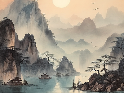 新中式山水禅意墙纸壁纸壁画背景 中式水壁画