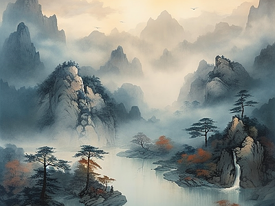 新中式山水禅意墙纸壁纸壁画背景 中式水壁画