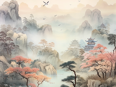 新中式山水禅意墙纸壁纸壁画背景 中式水壁画