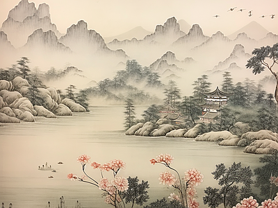 新中式山水禅意墙纸壁纸壁画背景 中式水壁画