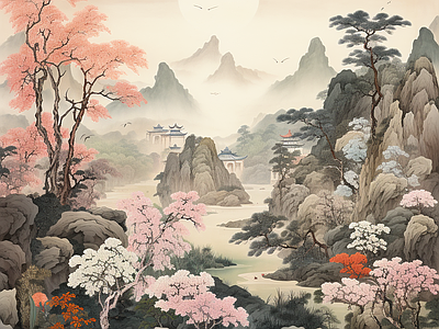 新中式山水禅意墙纸壁纸壁画背景 中式水壁画