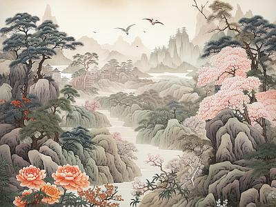 新中式山水禅意墙纸壁纸壁画背景 中式水壁画