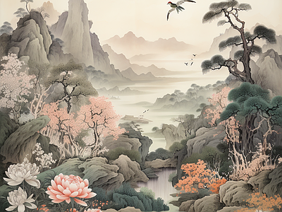 新中式山水禅意墙纸壁纸壁画背景 中式水壁画