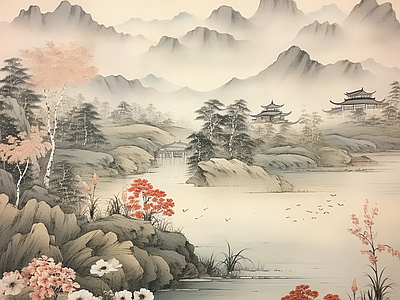 新中式山水禅意墙纸壁纸壁画背景 中式山水壁画