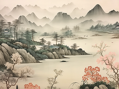 新中式山水禅意墙纸壁纸壁画背景 中式水壁画