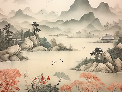 新中式山水禅意墙纸壁纸壁画背景 中式水壁画