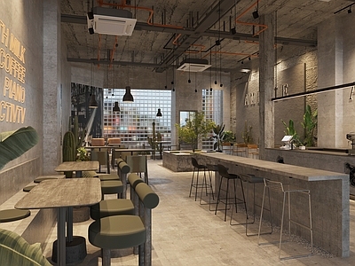 工业风咖啡店 奶茶店 卡座区 咖啡工作台 吊灯 绿植 景观小品
