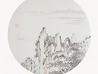 新中式圆形山水装饰画 中式水画