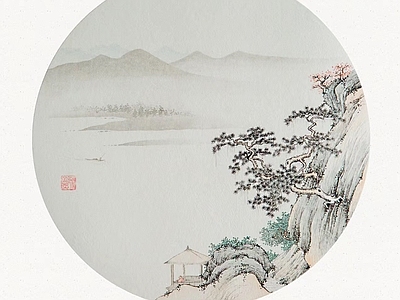 新中式圆形山水装饰画 中式水画