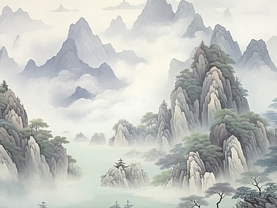 梦幻唯美的古风大山大河卡通风景 中式水壁画