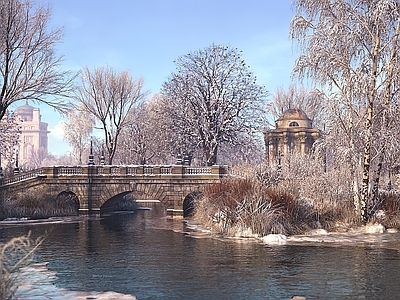 户外窗外雪景小桥流水蓝天白云日景外景自然风景