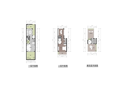 现代风格别墅户型建筑 平面图 一室一厅 二层别墅 彩平图