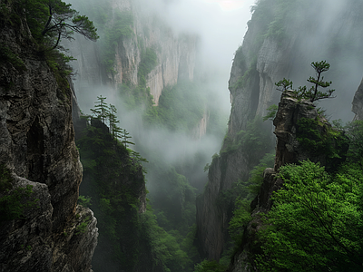 云雾险峻山谷自然风景