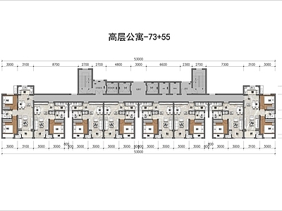 高层公寓73平55平 施工图  两室一厅 平层 彩平图