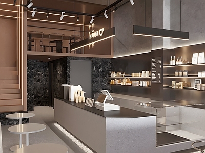 工业咖啡店 奶茶店 卡座区 奶茶店工作台 咖啡摆件 吊灯 餐桌椅组合