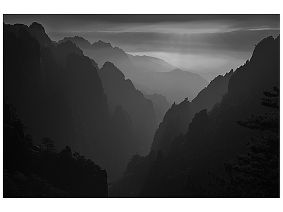 黑白云雾群山图 风景装饰画