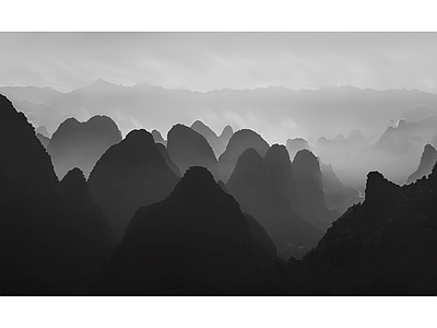 黑白云雾群山图 风景装饰画