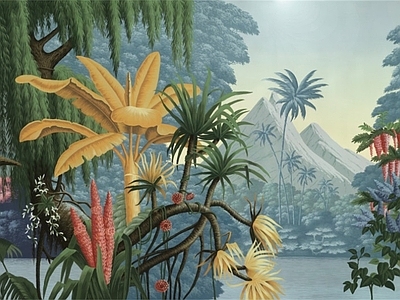 绿色彩铅热带雨林树叶鸟类壁纸壁画装饰画 植物印花壁纸